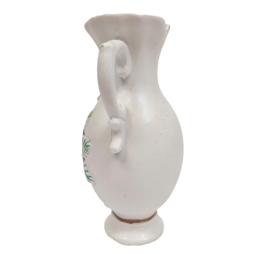 Vintage Bisque Porcelain Handled Raised Flower Vase 7